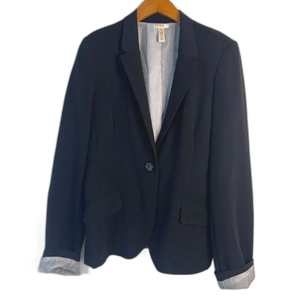 Vixen Black Contrast‎ Roll Cuff One Button Blazer Jacket Size LG